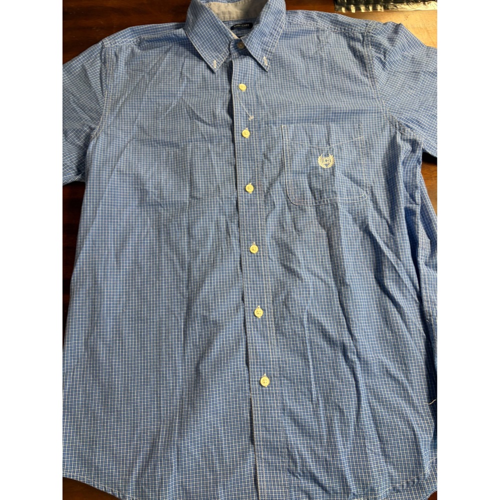 Chaps Mens Easy Care Blue White Micro Check Short Sleeve Button Down Shirt M